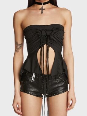 Black Strapless Lace-Up Peplum Crop Top